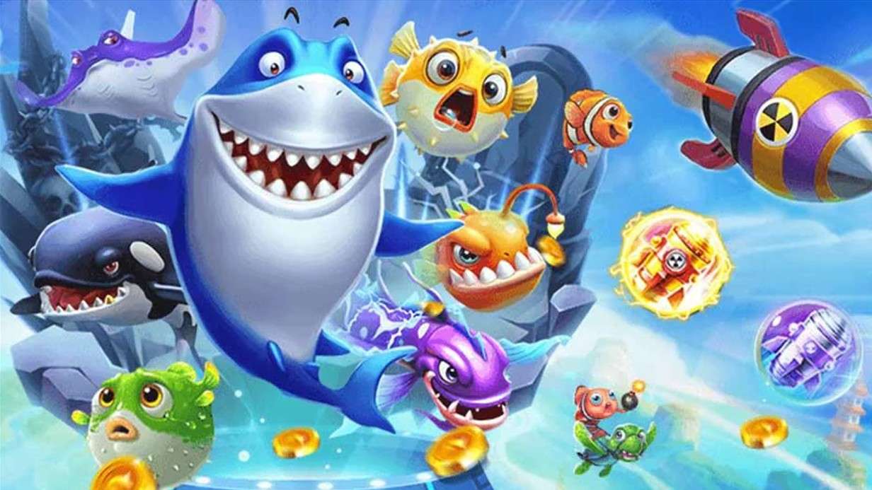 ฉากปลาหลากชนิดและปืนใหญ่ในเกมยิงปลาบน rm6